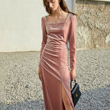Velvet Square Neck Midi Dress