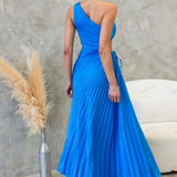 Pleated One-Shoulder Cut-Out Waist Gown