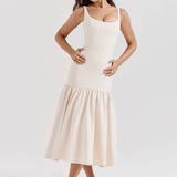 Vintage Low-Waist Midi Dress - Cream Beige