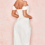 Cap Shoulder Corset Bodycon Midi Dress - White
