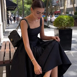 Black Square Neck Back Bow Midi Dress