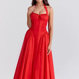 Red Backless Halter Midi Dress