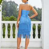 Halter Blue Fringe Bandage Dress