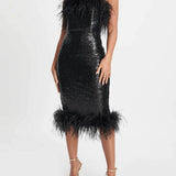 Black Sophia Bandeau Sequin Midi Dress With Feather Trim