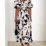 Sakura Midi Dress - Beige Geo