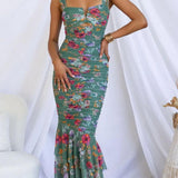 Sweetheart Neck Strap Printed Pleated Mesh Maxi Dress