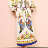 Exquisite And Fun Printed Puff Sleeves Loose Casual Midi Dress