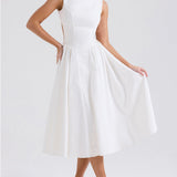 Stylish And Elegant Solid Color Round Neck Backless Sleeveless Midi Dress