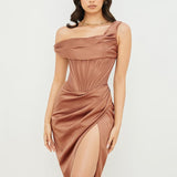 Cap Shoulder Corset Bodycon Midi Dress - Toffee Brown