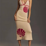 Knitted Suspender Halterneck V-Neck Backless Sexy Midi Dress