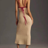 Knitted Suspender Halterneck V-Neck Backless Sexy Midi Dress