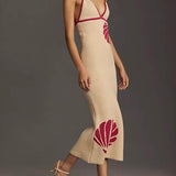 Knitted Suspender Halterneck V-Neck Backless Sexy Midi Dress