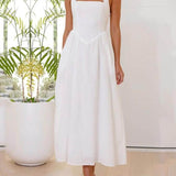 Halter Neck Waist Little Black Dress Mid Length Dress