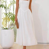 Halter Neck Waist Little Black Dress Mid Length Dress