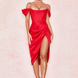 Cap Shoulder Corset Bodycon Midi Dress - Red