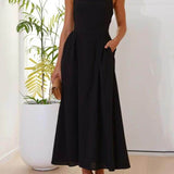Halter Neck Waist Little Black Dress Mid Length Dress