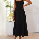 Halter Neck Waist Little Black Dress Mid Length Dress