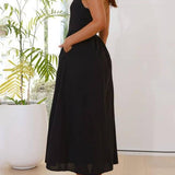Halter Neck Waist Little Black Dress Mid Length Dress