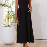 Halter Neck Waist Little Black Dress Mid Length Dress