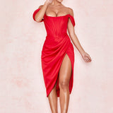 Cap Shoulder Corset Bodycon Midi Dress - Red