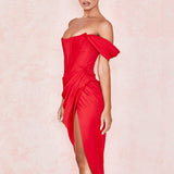 Cap Shoulder Corset Bodycon Midi Dress - Red