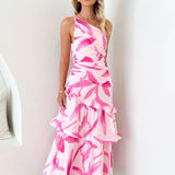 One-Shoulder Strappy Floral Print Dress