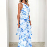 One-Shoulder Strappy Floral Print Dress