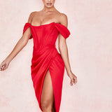 Cap Shoulder Corset Bodycon Midi Dress - Red