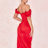 Cap Shoulder Corset Bodycon Midi Dress - Red