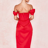 Cap Shoulder Corset Bodycon Midi Dress - Red