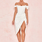 Cap Shoulder Corset Bodycon Midi Dress - White