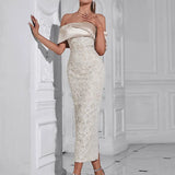 Strapless Back-Slit Jacquard Evening Gown