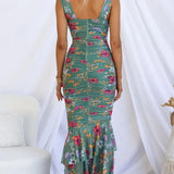 Sweetheart Neck Strap Printed Pleated Mesh Maxi Dress