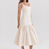 Vintage Low-Waist Midi Dress - Cream Beige