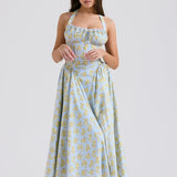 Soft Blue Vintage Floral Print Backless Tank Dress