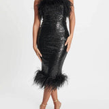 Black Sophia Bandeau Sequin Midi Dress With Feather Trim