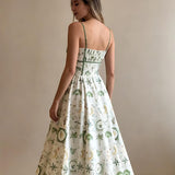 Green Botanical Print Smocked Midi Dress
