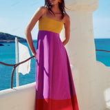 Vacation-Style Color Block Spaghetti Strap Dress