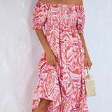 Smocked Print Off The Shoulder Midi Dress