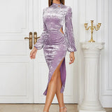 Elegant Velvet Round Neck Evening Gown