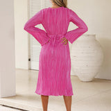 Mountain Vistas Draped Pleated Bell-Sleeve Midi Dress