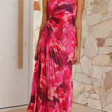 Pleated One-Shoulder Cut-Out Waist Floral Gown
