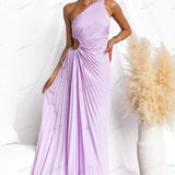 Pleated One-Shoulder Cut-Out Waist Gown