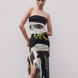 Gardenia Floral Mesh Pleat Tube Midi Dress