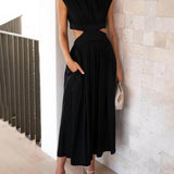 Cutout Waist Pocketed Vacation Midi Dress