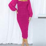Mesh Pleated Long-Sleeve Midi Dress