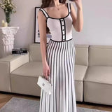 Striped Colorblock Knit Spaghetti Strap Midi Dress