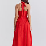 Red Backless Halter Midi Dress
