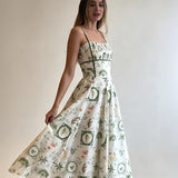 Green Botanical Print Smocked Midi Dress