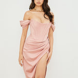Cap Shoulder Corset Bodycon Midi Dress - Nude Pink